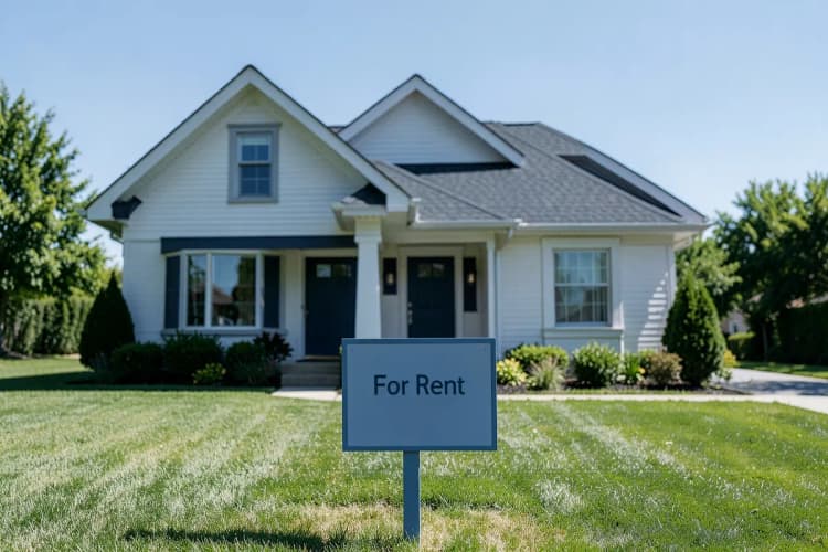 Uma casa com uma placa de 'Aluga-se' na frente.