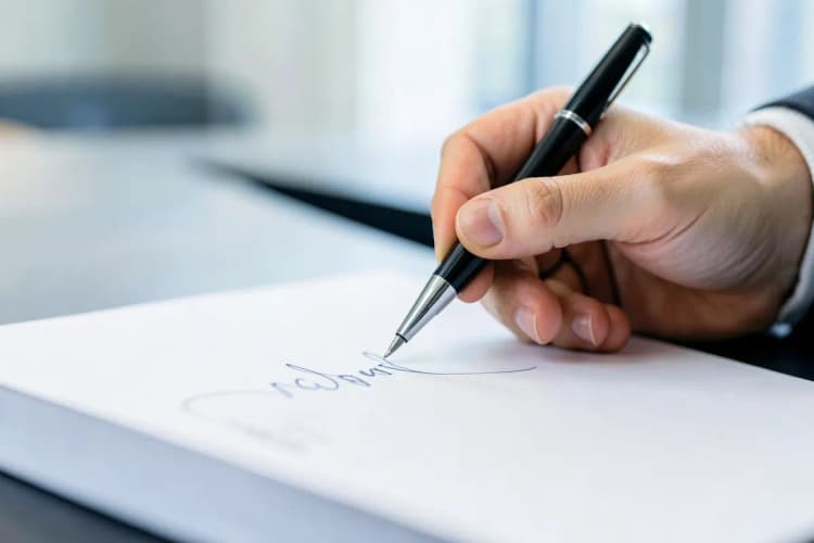 Um documento de contrato sendo assinado com uma caneta.