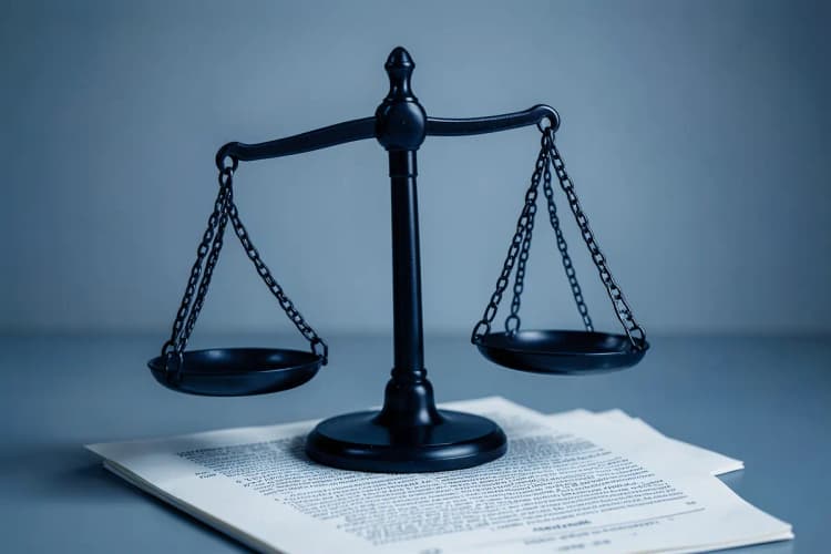 Uma balança da justiça desequilibrada sobre um contrato.