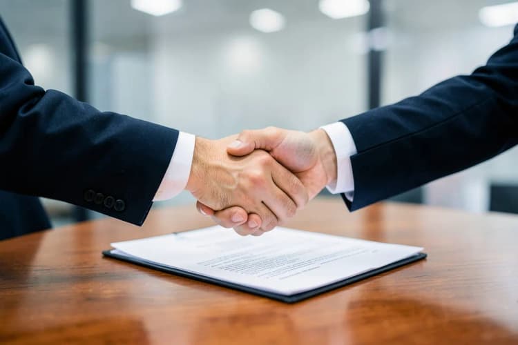 Duas pessoas apertando as mãos sobre um contrato.