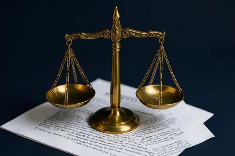 Uma balança da justiça sobre um contrato.
