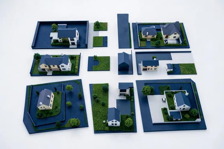 Diferentes tipos de casas e terrenos representados por miniaturas
