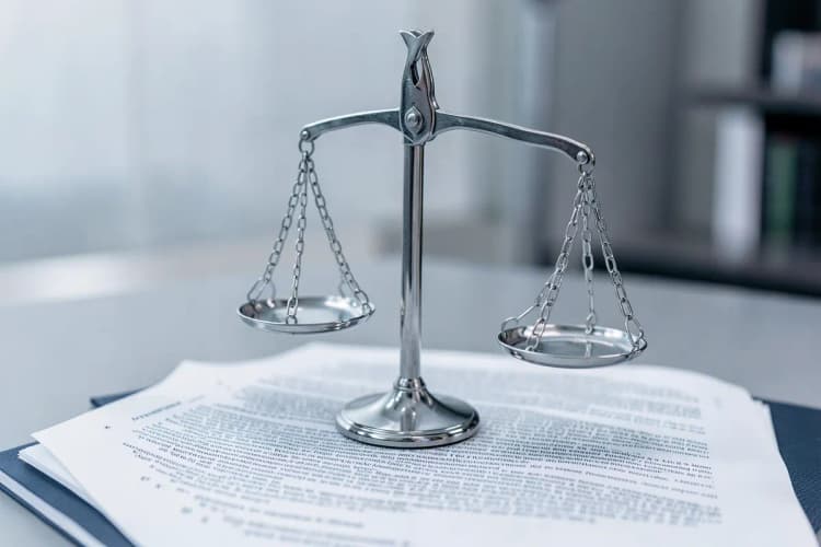 Uma balança de justiça equilibrada sobre um documento legal aberto.