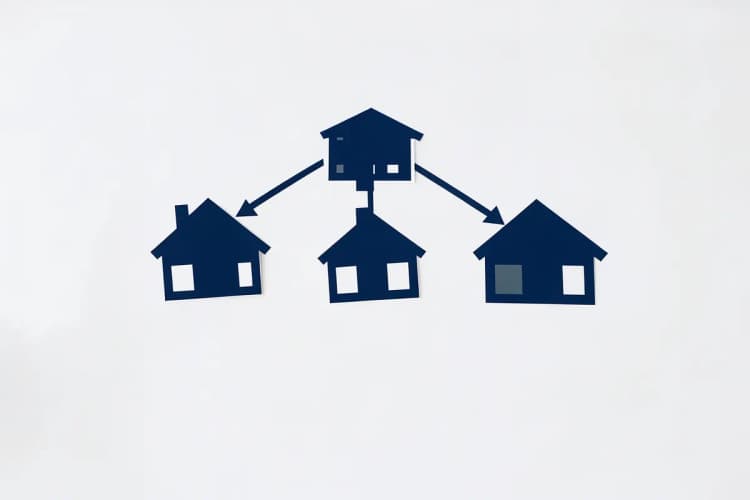 Um diagrama mostrando três casas conectadas por linhas, com setas indicando divisão.
