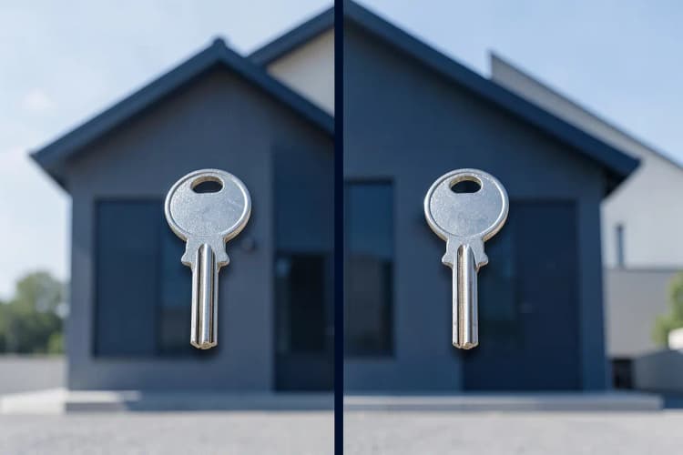 Uma casa com uma linha divisória no meio, com uma chave de cada lado.