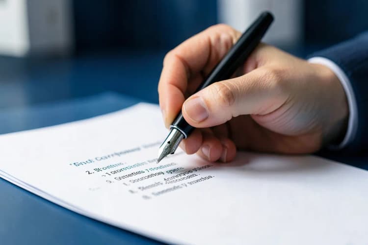 Uma lista de cláusulas de contrato sendo escritas em um papel com uma caneta tinteiro.