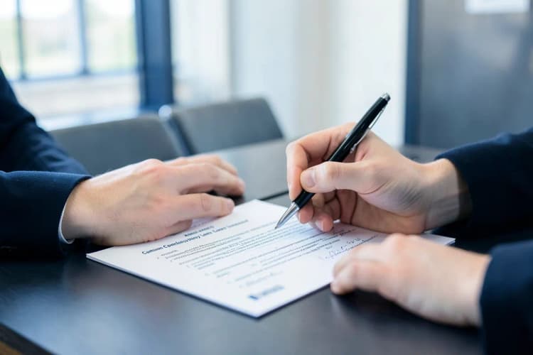 Uma pessoa assinando um contrato de locação de imóvel comercial em uma mesa.
