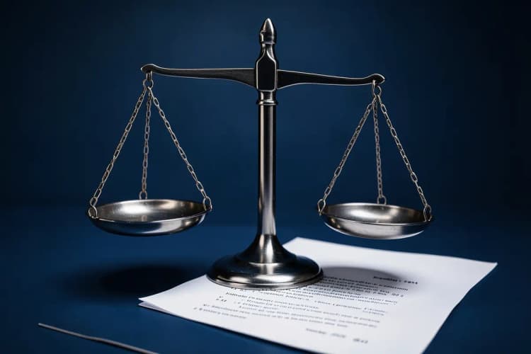 Uma balança da justiça equilibrada sobre um contrato de locação.