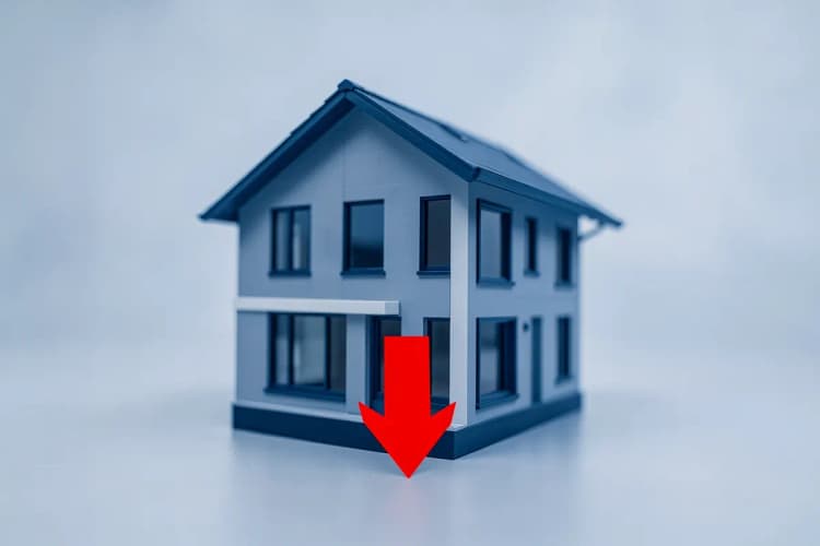 Uma casa com uma seta apontando para baixo, simbolizando a compra de um imóvel.