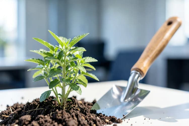 Uma planta crescendo em solo fértil, com uma pequena pá ao lado, simbolizando os requisitos para usucapião.