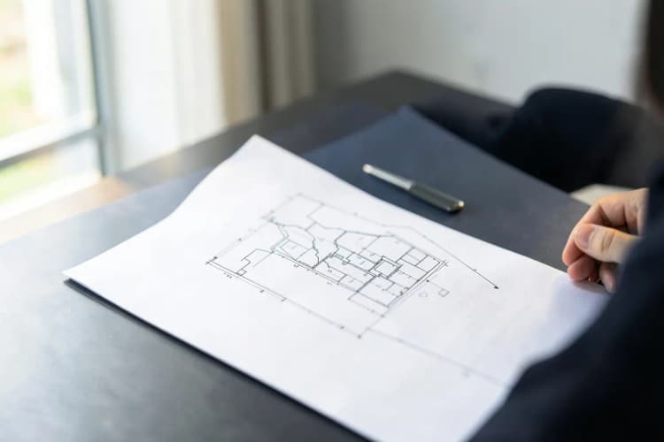 Uma pessoa examinando documentos em uma mesa com um terreno desenhado em um papel, simbolizando o processo de usucapião.