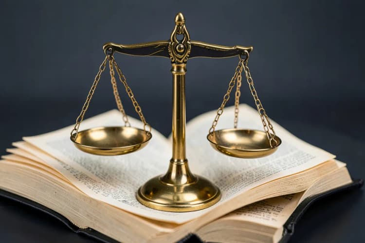 Uma balança da justiça em cima de um livro aberto, simbolizando a lei e a justiça.