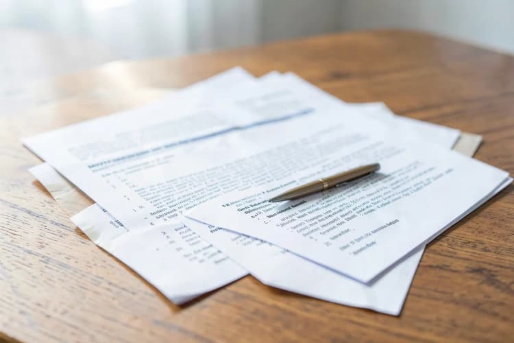 Uma mesa com documentos e uma caneta, pronta para assinatura.