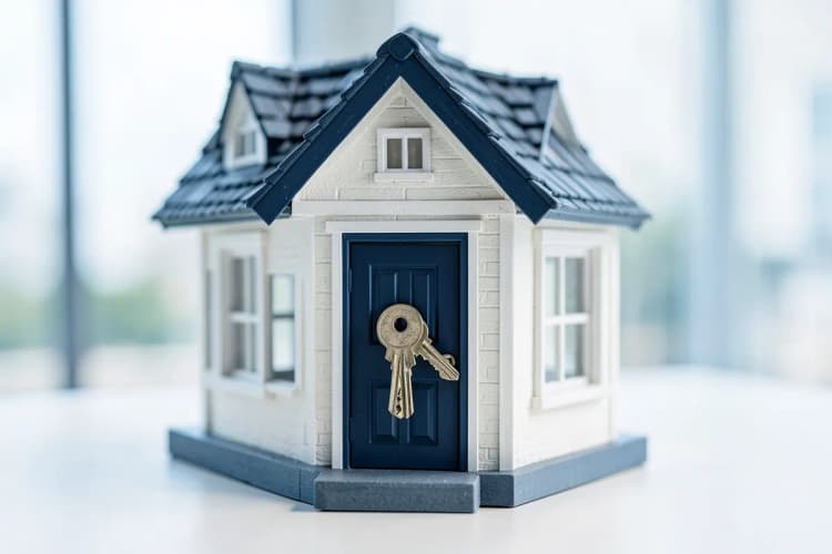 Uma casa com uma chave na porta, simbolizando um contrato de locação.