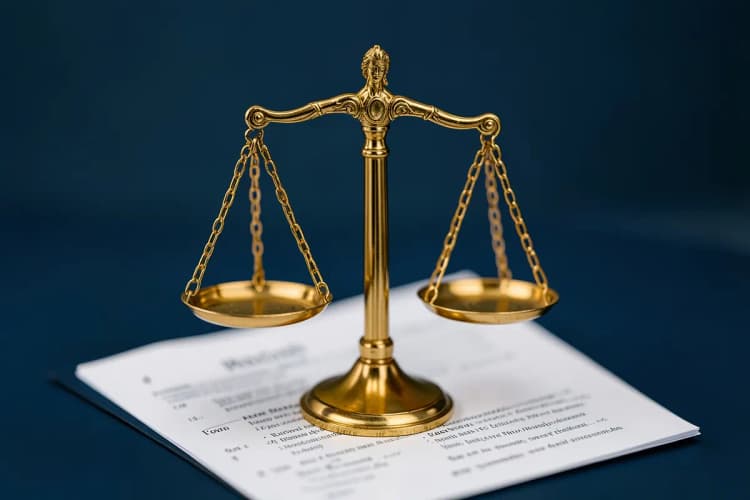 Uma balança da justiça sobre um contrato de locação, simbolizando os elementos essenciais.
