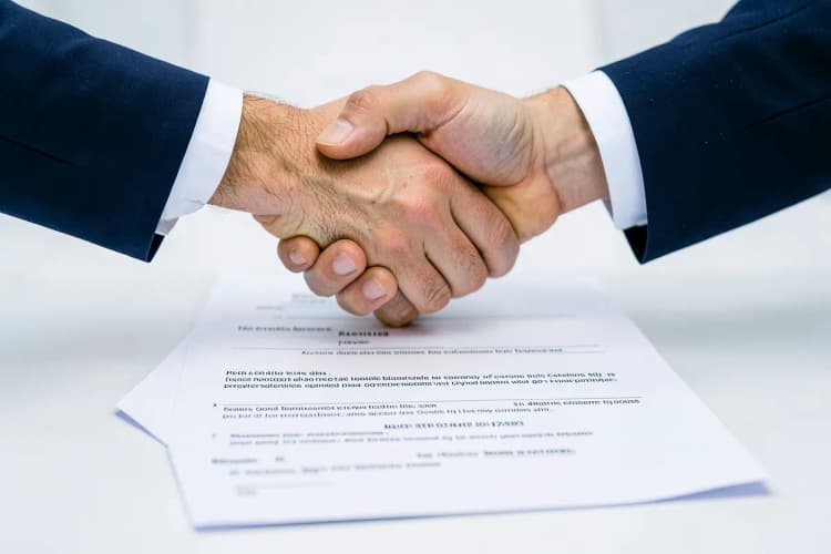 Um aperto de mão sobre um contrato de locação, simbolizando a segurança para o locador.