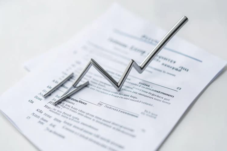 Um gráfico de crescimento com uma seta apontando para cima, sobre um contrato de locação.