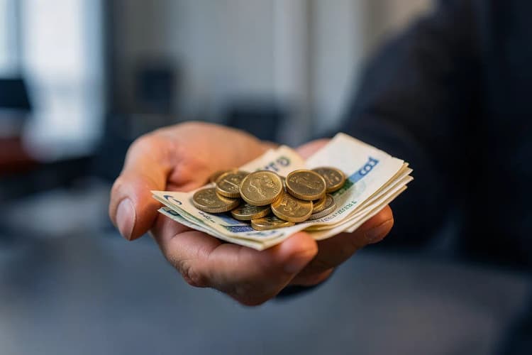Uma mão segurando moedas e notas de dinheiro.
