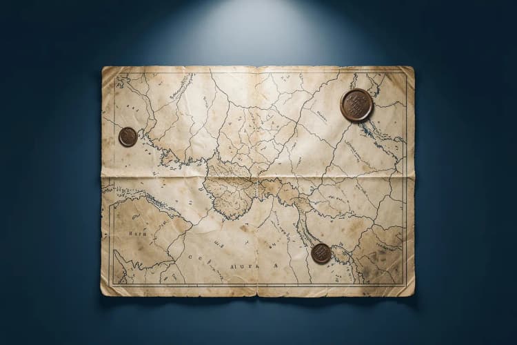 Um mapa antigo com selos e carimbos, representando a documentação e a história de uma propriedade.