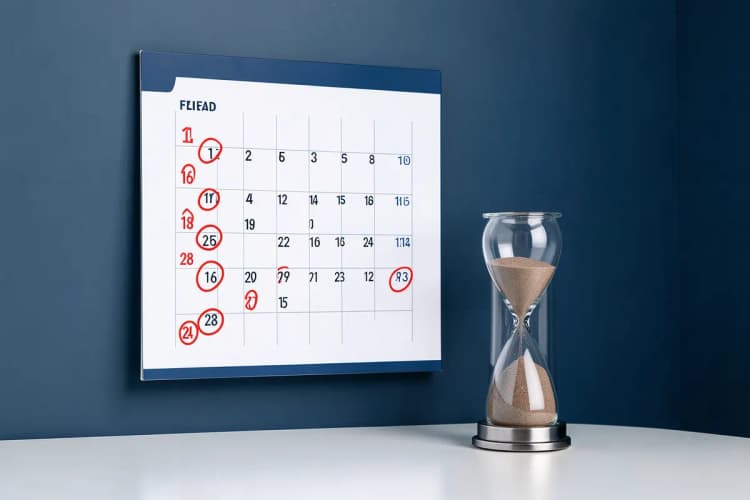 Um calendário com datas marcadas e uma ampulheta ao lado, indicando a passagem do tempo.