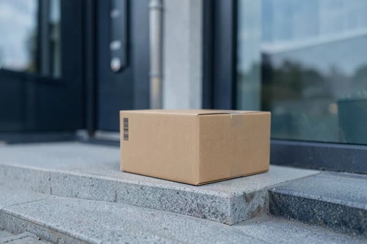 Uma pessoa colocando uma caixa de papelão do lado de fora de uma casa