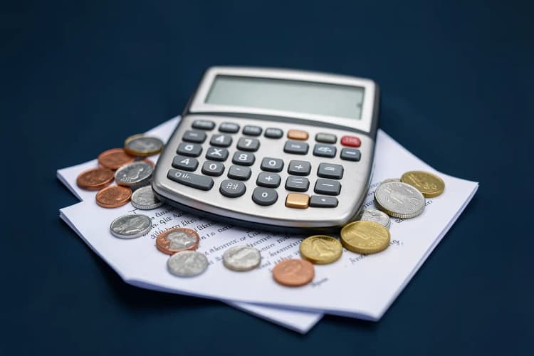 Uma calculadora e moedas em cima de um contrato de aluguel