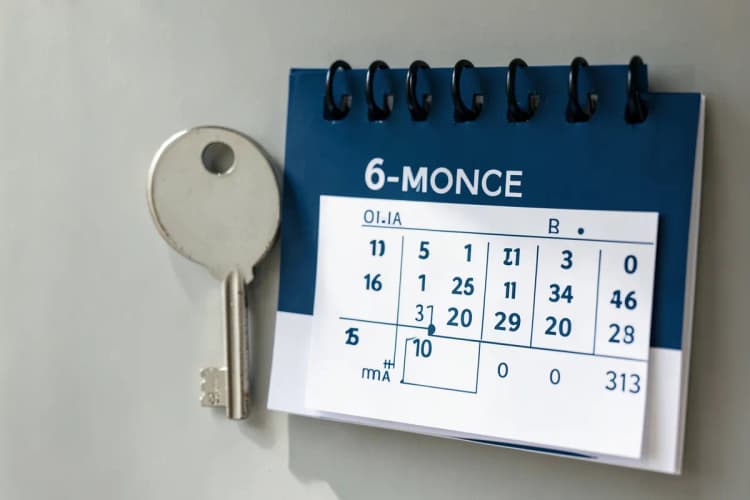 Uma chave de casa em cima de um calendário marcando 6 meses