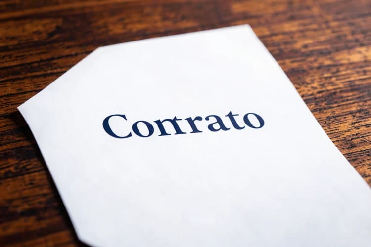 Um documento com a palavra 'Contrato' em destaque, sobre uma mesa de madeira.