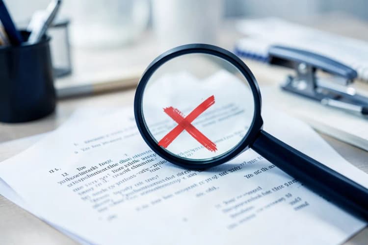 Uma lupa examinando um contrato com um X vermelho sobre uma seção.