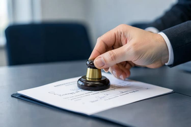 Um carimbo oficial sendo pressionado sobre um contrato de compra e venda de imóvel.