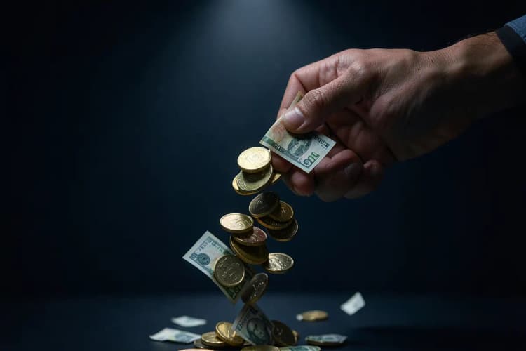 Uma pilha de moedas e notas de dinheiro caindo de uma mão, representando perdas financeiras.