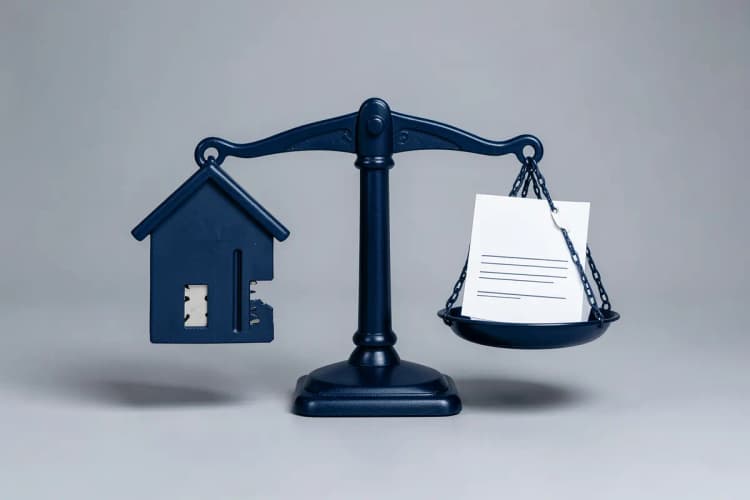 Uma balança da justiça com uma chave de casa de um lado e uma multa do outro, em um fundo neutro.