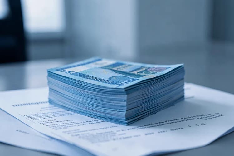 Notas de dinheiro empilhadas sobre um contrato de compra e venda.