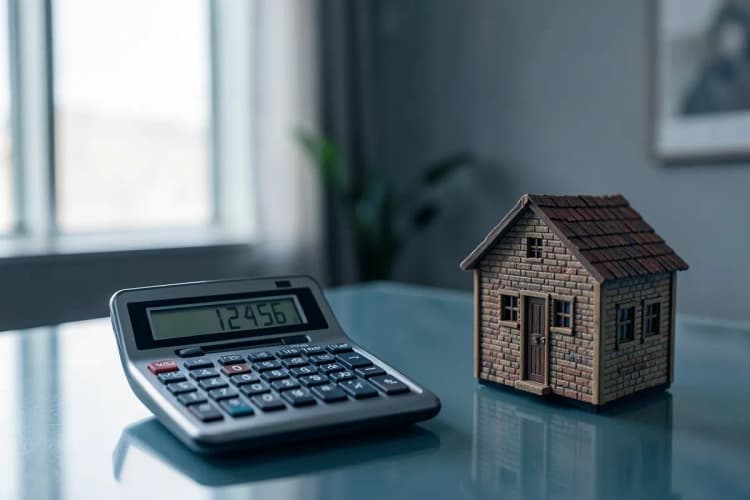 Calculadora mostrando números ao lado de uma casa de brinquedo.