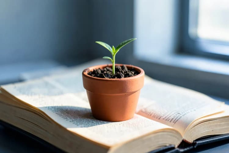 Mãos segurando uma planta crescendo em um pequeno vaso sobre um livro aberto.