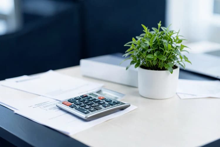 Uma calculadora e uma pequena planta verde em um vaso sobre uma mesa de escritório com alguns papéis.