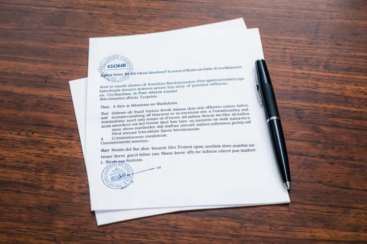 Um documento legal com um selo e uma caneta ao lado, em uma mesa de madeira.