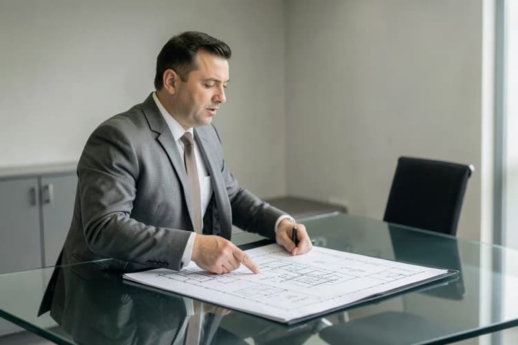 Corretor de imóveis mostrando planta para casal.
