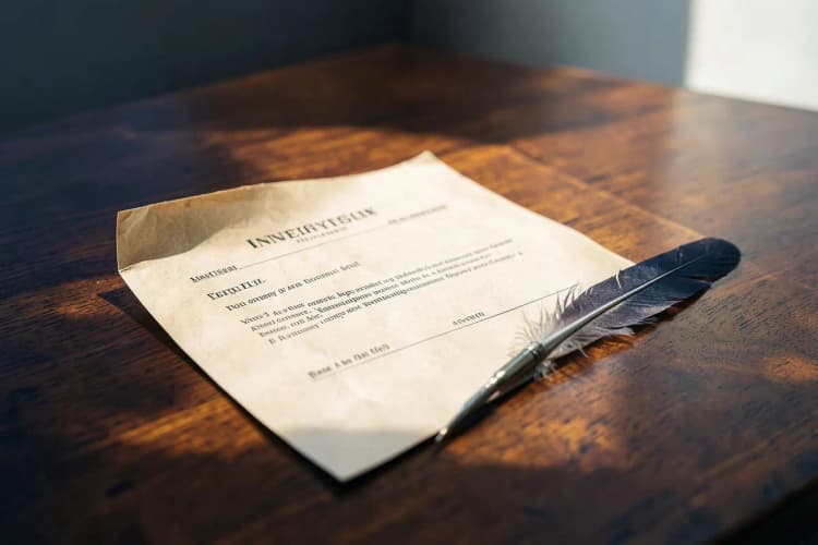 Uma escritura de inventário aberta sobre uma mesa de madeira, com uma pena ao lado.
