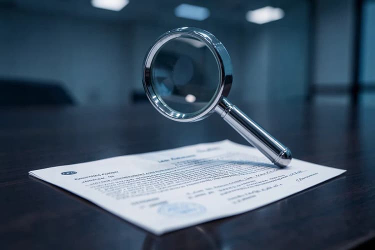Uma lupa examinando um contrato de compra de imóvel.