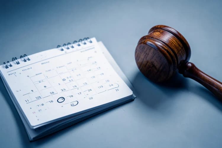 Calendário com uma data marcada e um martelo de leilão.
