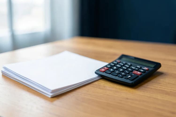 Uma pessoa organizando papéis e calculando.
