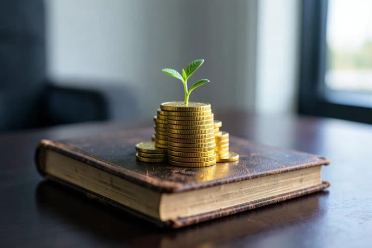 Uma planta crescendo em uma pilha de moedas de ouro em cima de um livro antigo.