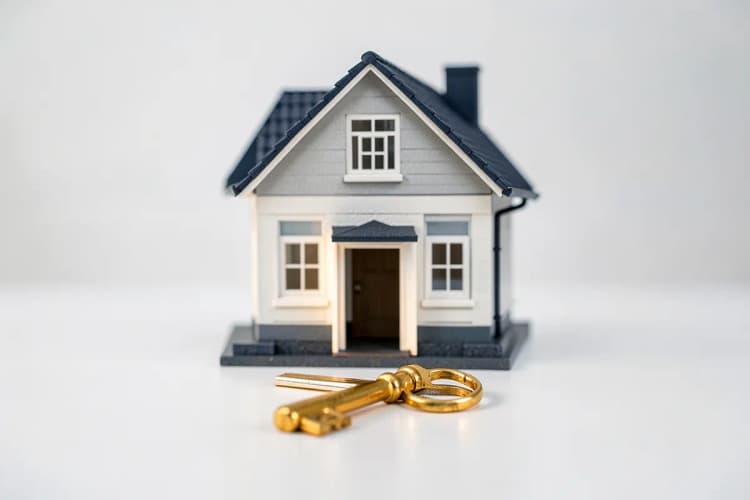 Uma casa em miniatura com uma chave dourada em frente a ela.