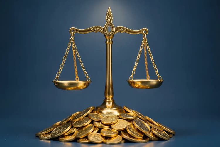 Uma balança da justiça equilibrada sobre uma pilha de moedas de ouro, simbolizando justiça e valor financeiro.