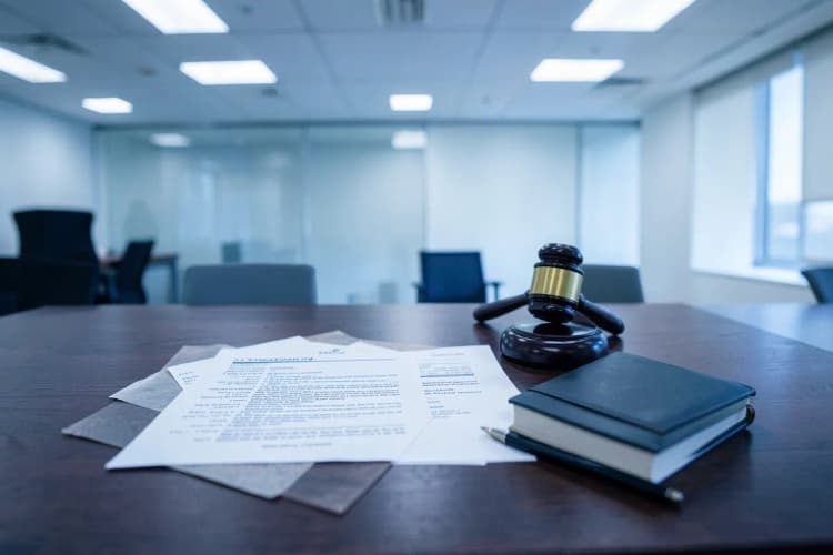 Documentos legais espalhados sobre uma mesa de madeira escura com um martelo de juiz e um bloco de notas fechado ao lado, cena ampla, luz de escritório vinda de cima, sem ação.