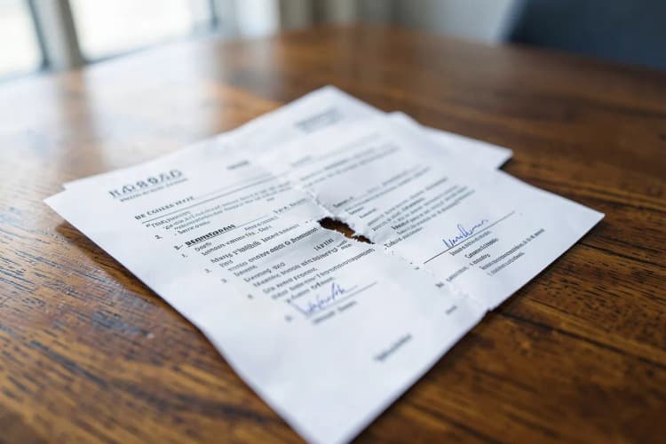 Documento de contrato imobiliário sendo rasgado ao meio.