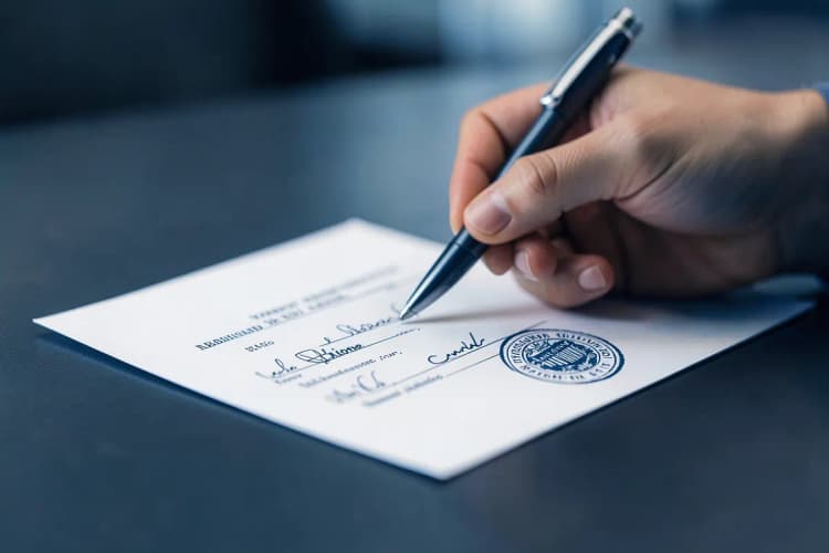 Caneta assinando um contrato imobiliário com selo de autenticidade.