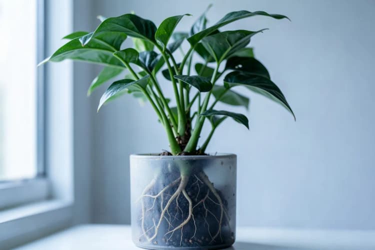 Uma planta crescendo em um vaso de barro, com suas raízes visíveis através do vaso translúcido, em um ambiente interno com luz natural vindo de uma janela.