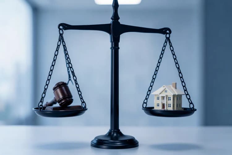 Uma balança de dois pratos com um martelo de juiz em um prato e uma casa em miniatura no outro, simbolizando a justiça e a propriedade.